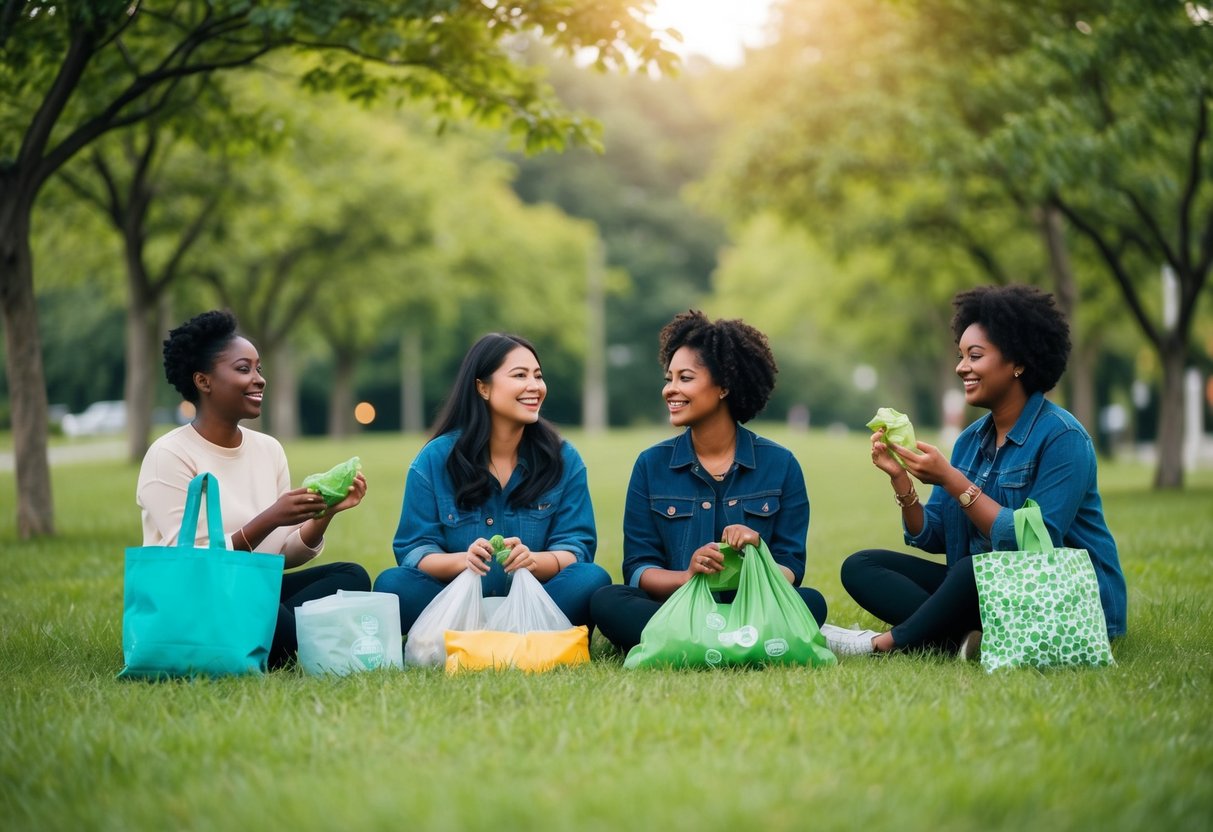 Eine Szene einer nachhaltigen Gemeinschaft, die sich für Zero-Waste-Mode engagiert, mit wiederverwendbaren Taschen, Upcycling-Kleidung und umweltfreundlichen Accessoires