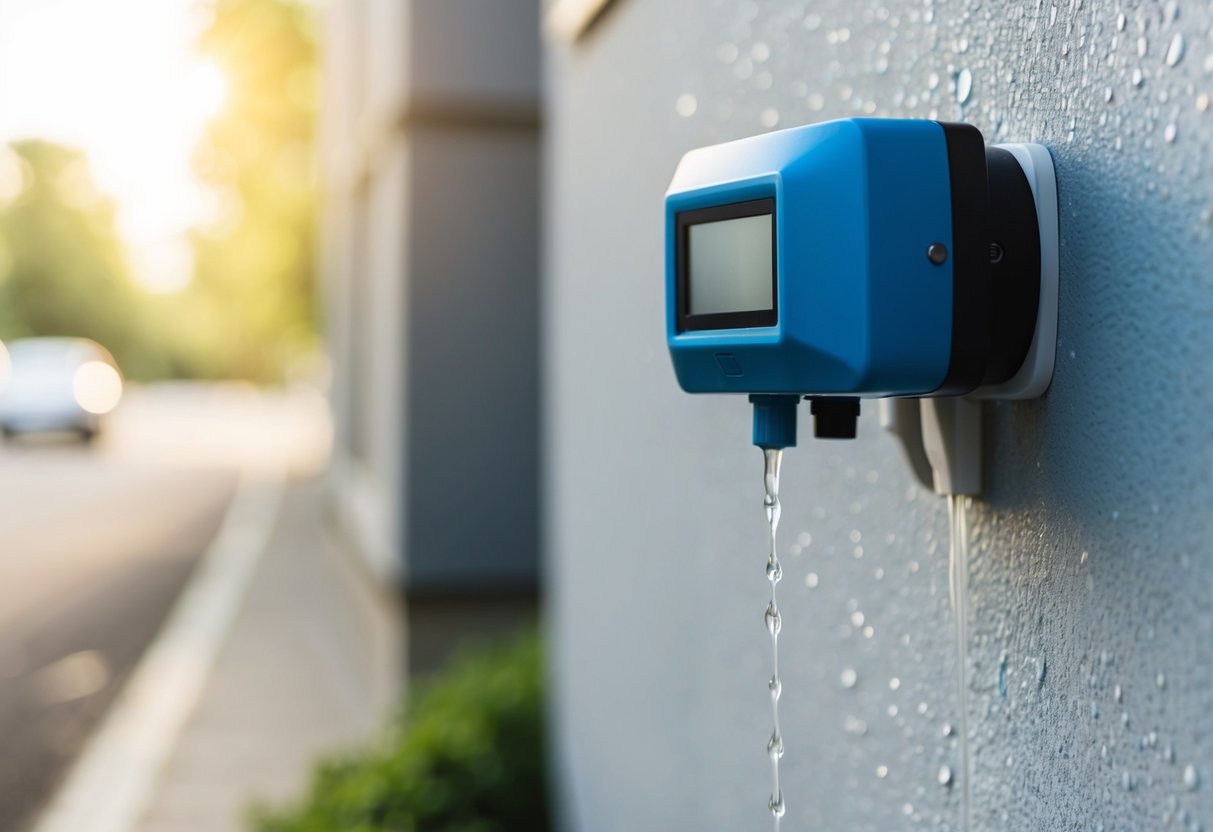 A device mounted on a wall detects water leaks, with water dripping down the wall