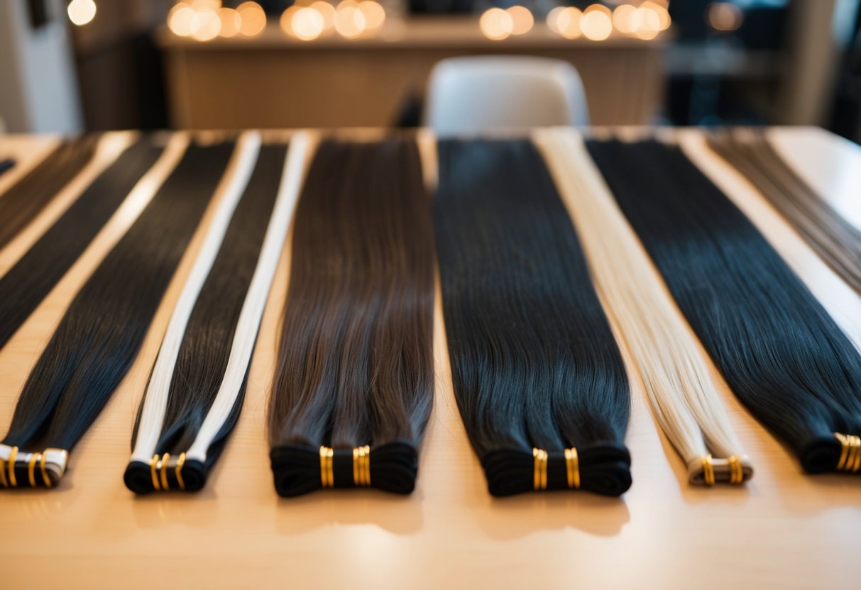 A table with various types of hair extensions laid out for comparison