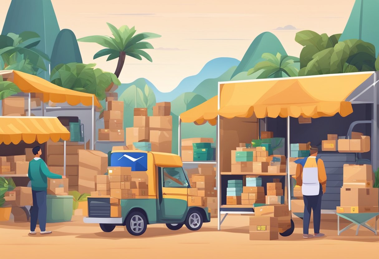 A Brazilian marketplace with various products being shipped and received, showcasing successful dropshipping strategies for making money