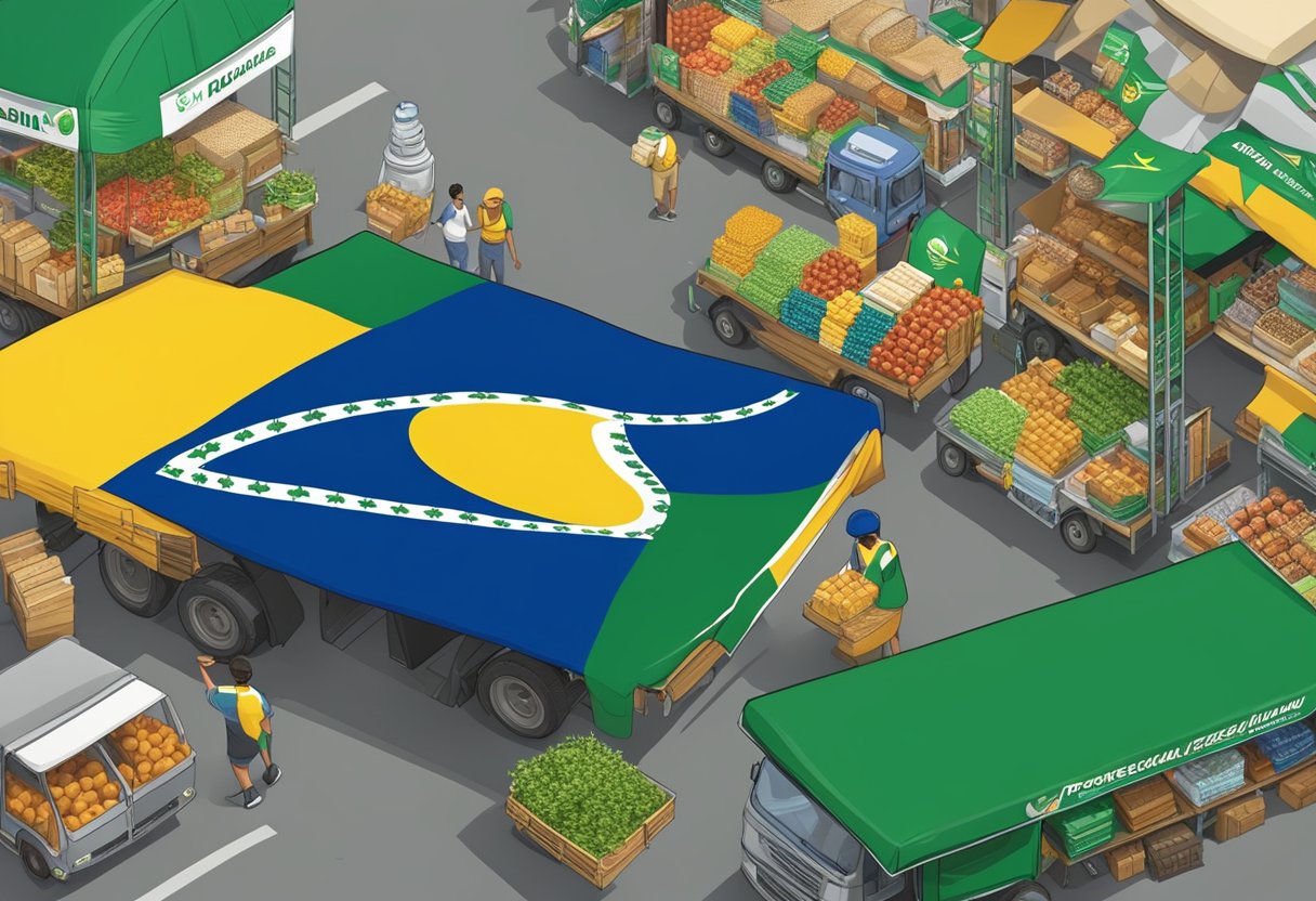 A Brazilian flag waving above a bustling marketplace with various products and a shipping truck in the background