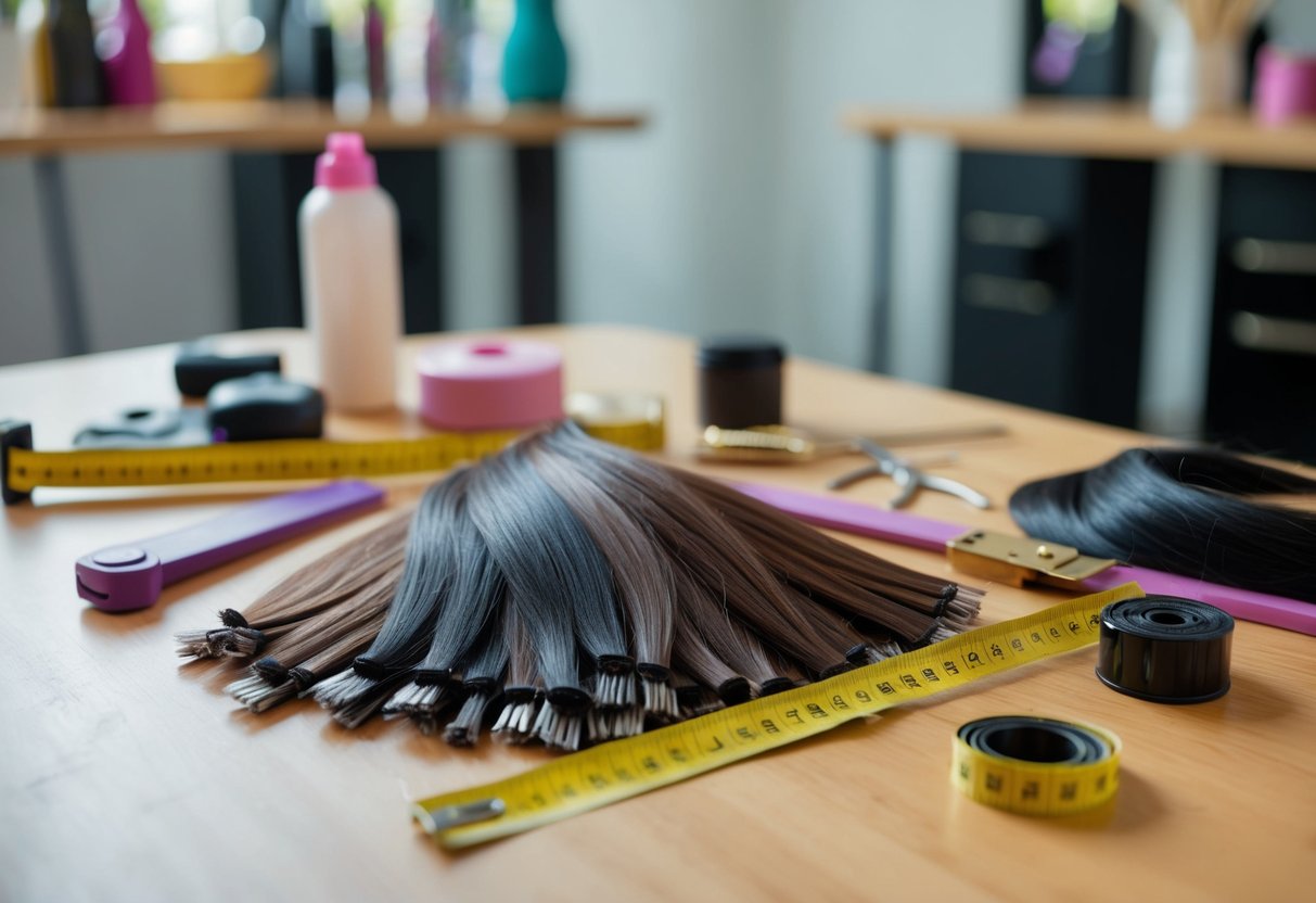 A table with various hair extension tools and materials scattered on the surface. A measuring tape and a pile of microbead hair extensions in different colors and lengths