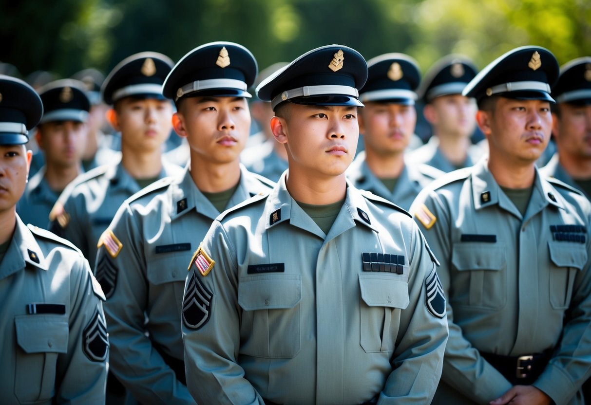 A group of soldiers standing in formation, their disciplined and focused expressions reflecting a strong militaristic mindset