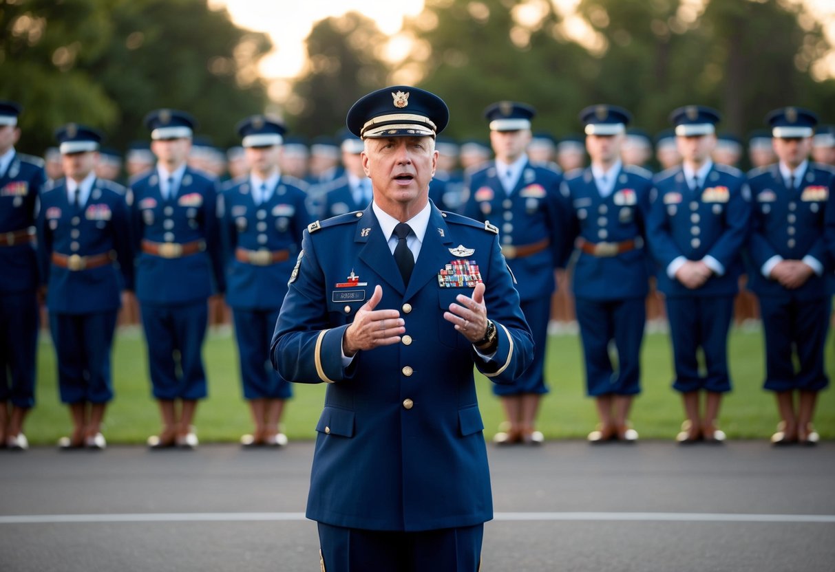 A group of individuals in military attire standing in formation, with a commanding officer at the front, delivering a motivational speech