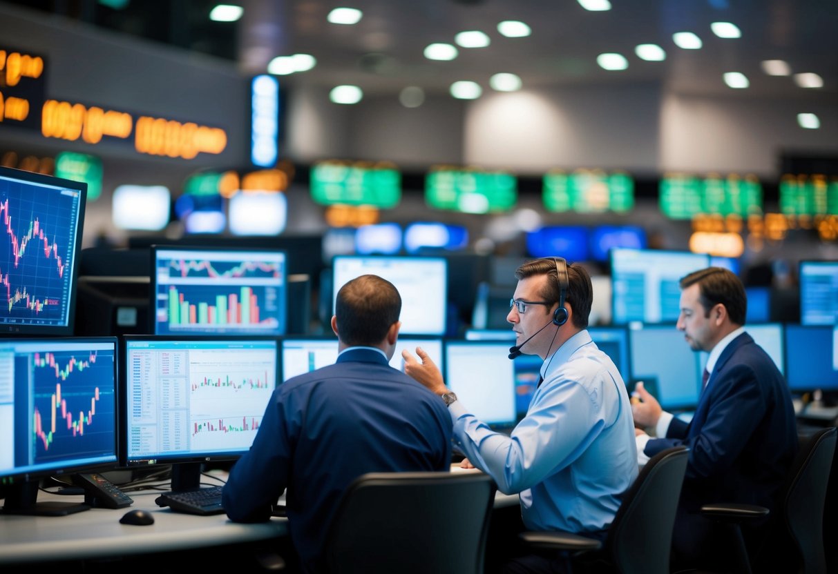 A bustling trading floor with multiple computer screens and charts. Traders are engaged in intense conversations and analyzing market data