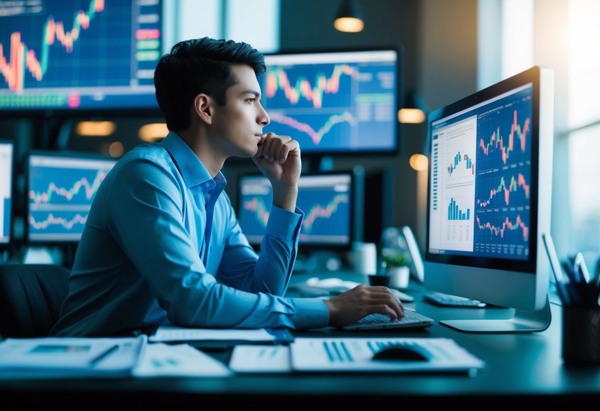A person sitting at a desk with a computer, surrounded by charts, graphs, and financial data. They are deep in thought, strategizing and planning their next trading moves with a focused mindset