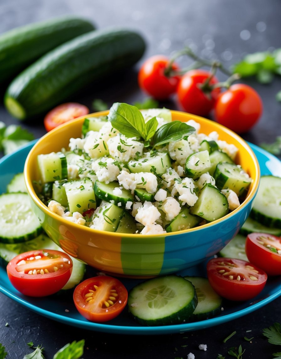 Colorful bowl of crushed feta cucumber salad surrounded by fresh cucumber slices, cherry tomatoes and herb sprinkles