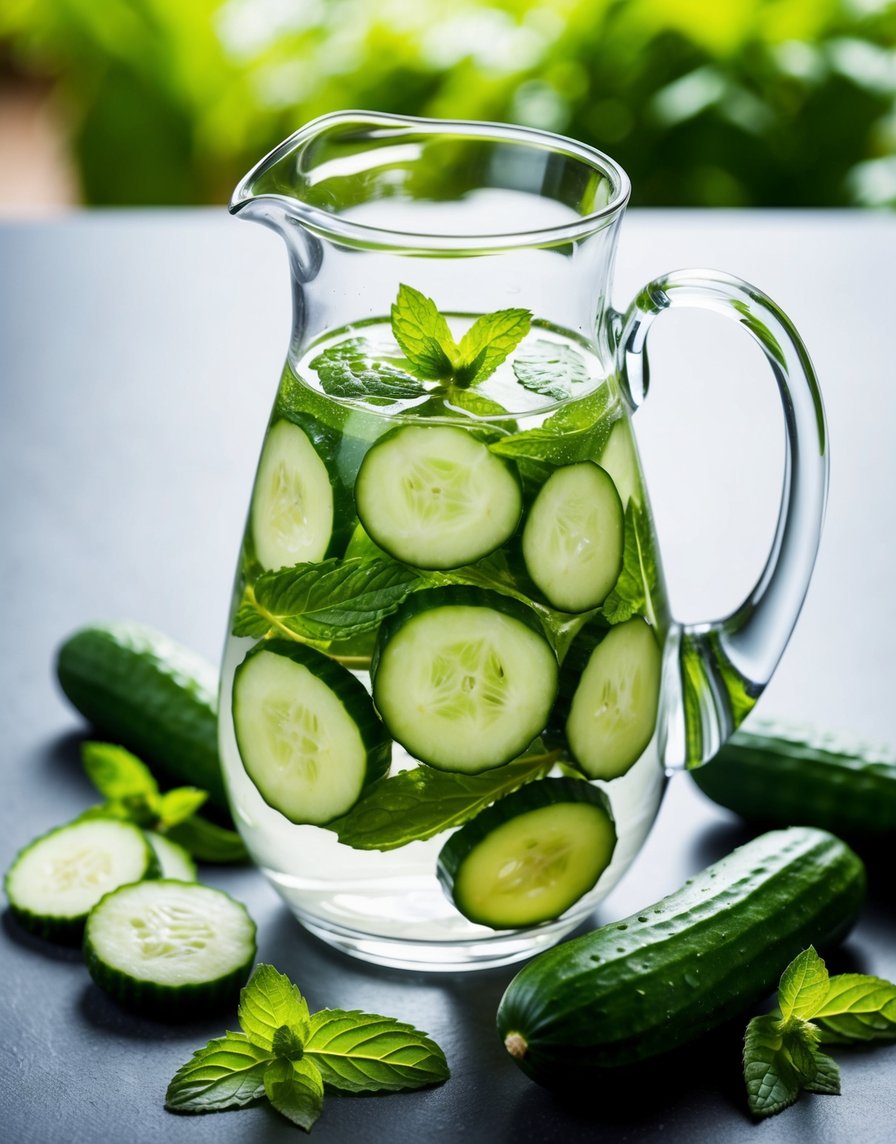 Glass pitcher filled with cucumber and mint infused water surrounded by fresh cucumber and mint leaves