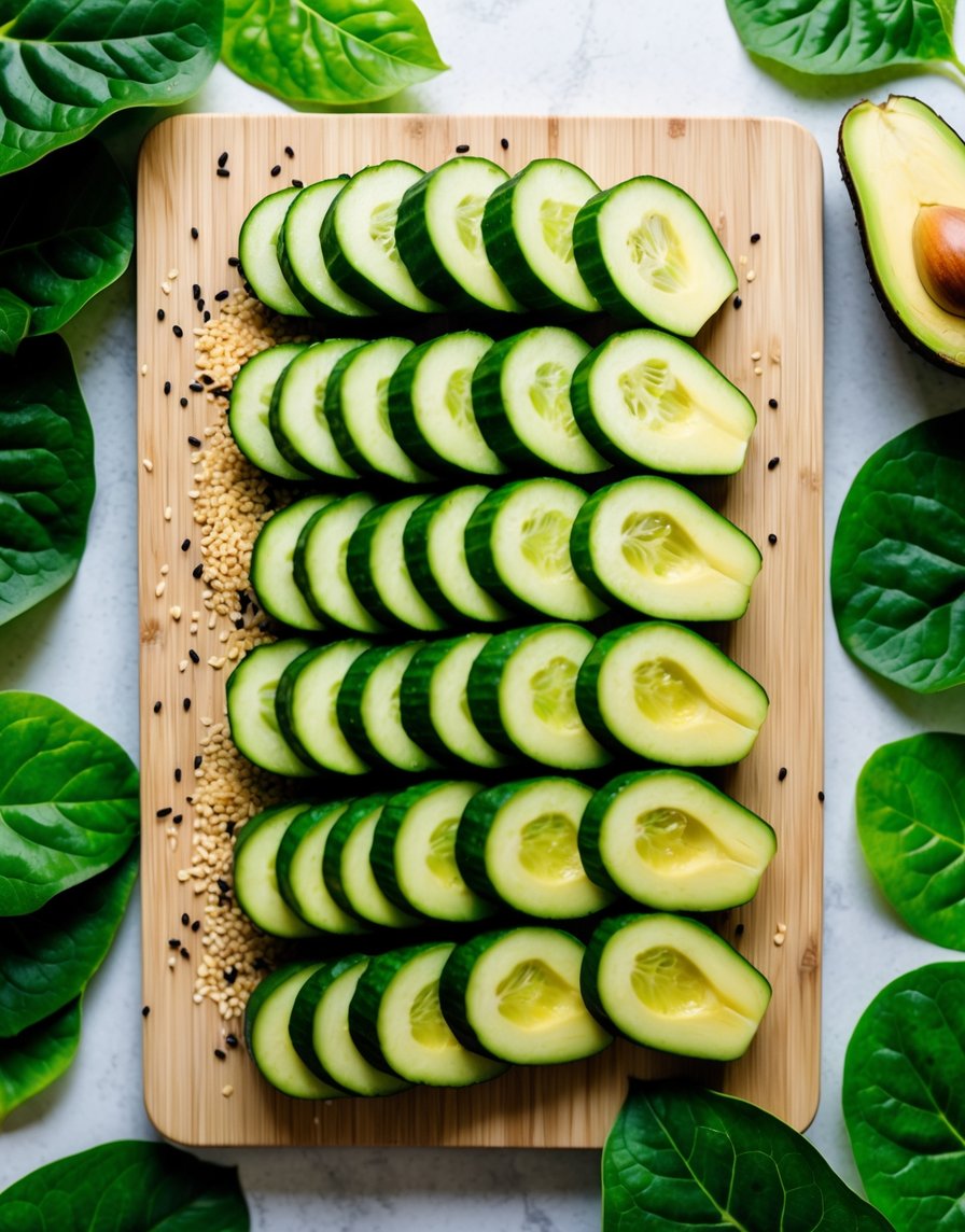 Fresh cucumber slices and creamy avocado arranged in neat rows on a wooden cutting board, surrounded by vibrant green leaves and a sprinkle of sesame seeds