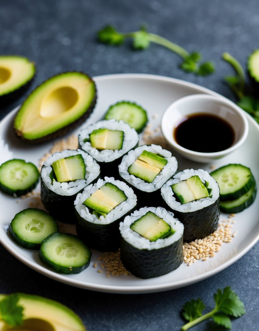 A plate of cucumber sushi rolls surrounded by sliced ​​cucumbers, avocado and sesame seeds, a small plate of soy sauce is located next to it