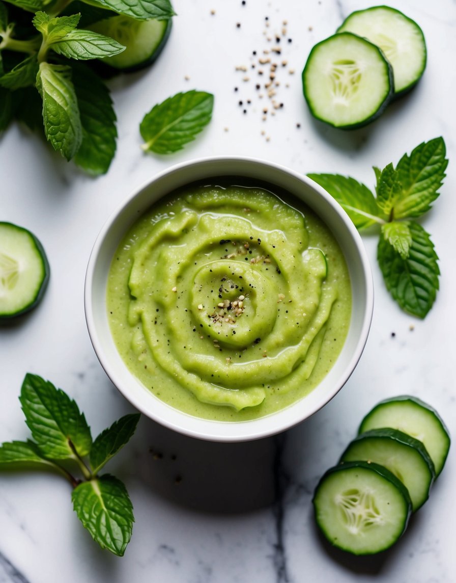 A bowl of refreshing cucumber gazpacho surrounded by sliced ​​cucumbers, mint leaves and a sprinkle of black pepper