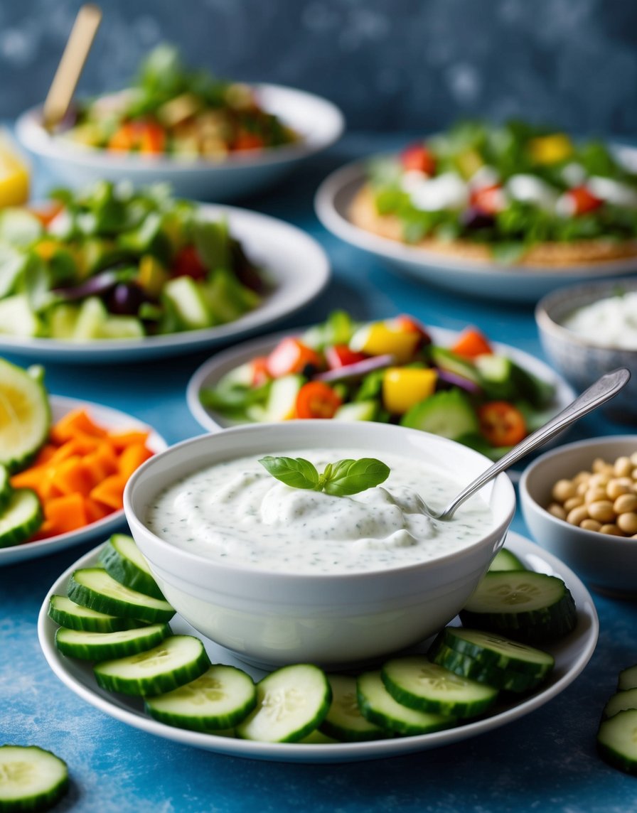 A bowl of sturdy sauce surrounded by cucumbers with a variety of healthy dishes in the background, including salads, wraps and vegetables platters