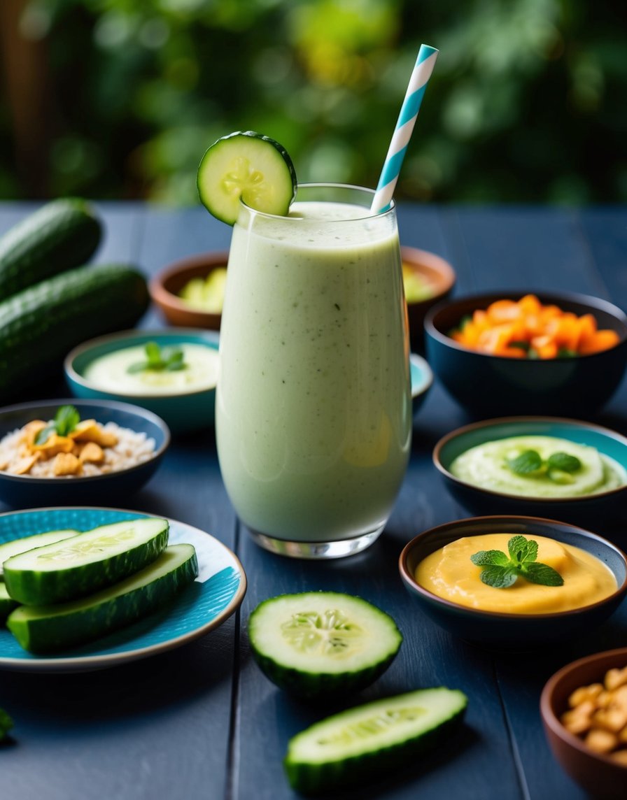 A refreshing cucumber coconut smoothie surrounded by 10 healthy cucumber dishes