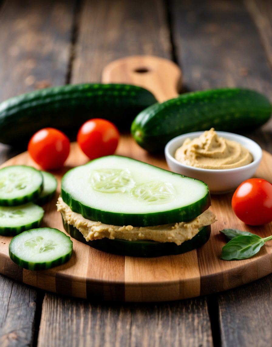 A cucumber and hummus sandwich sits on a wooden cutting board surrounded by sliced cucumbers, cherry tomatoes, and a small bowl of hummus