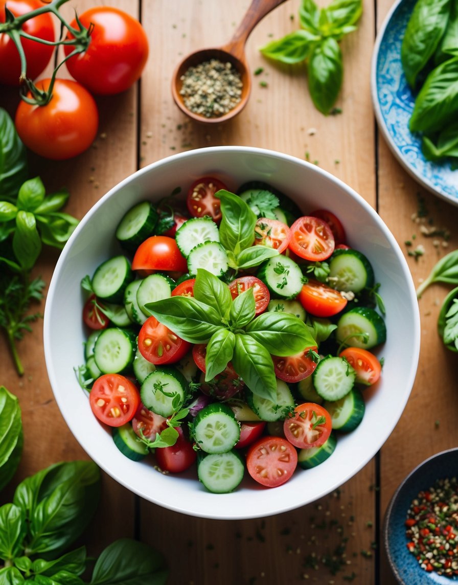 A vibrant bowl of cucumber, tomato and basil salad sits on a wooden table surrounded by a colorful mix of fresh ingredients and herbs and spices