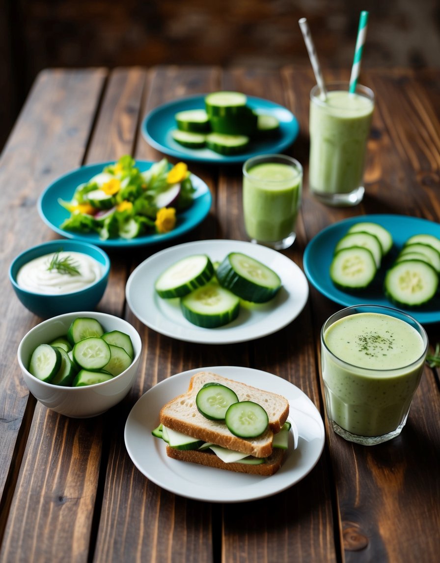 Various cucumber dishes arranged on wooden tables, including cucumber salads, cucumber sandwiches, and cucumber smoothies