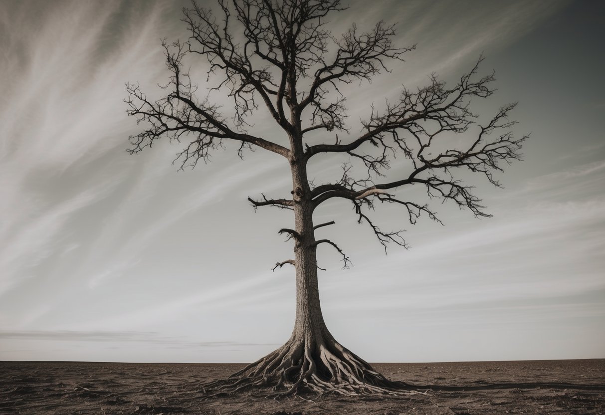 A lone tree standing tall in a barren landscape, with roots stretching deep into the ground and branches reaching towards the sky, weathering the elements