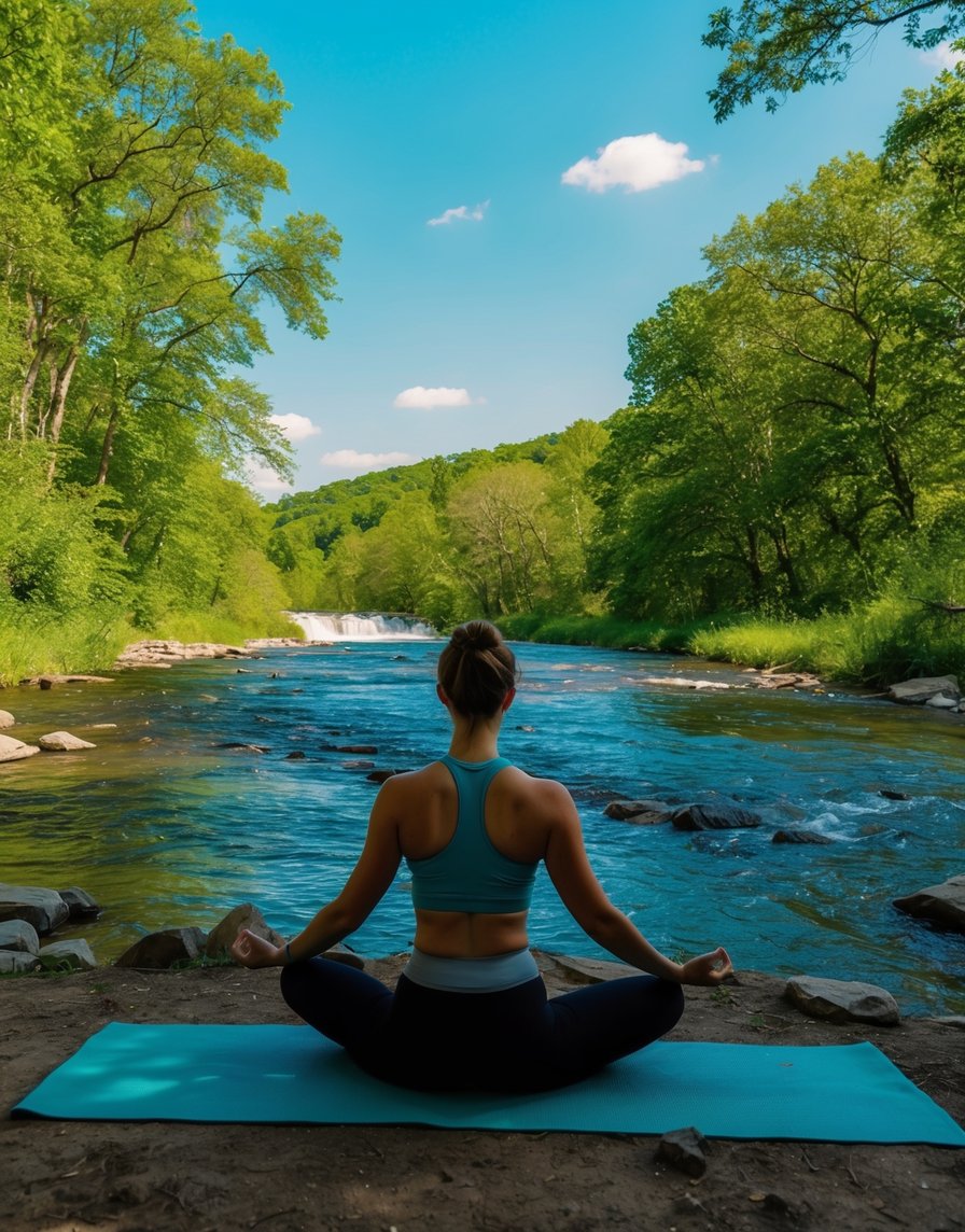 A serene natural landscape with a flowing river, green trees, and clear blue skies. A figure practices yoga or meditation in the peaceful environment