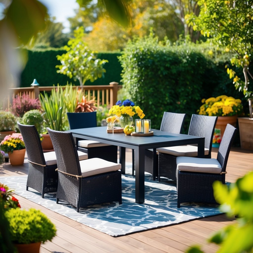 A sleek black patio furniture set sits on a sun-drenched deck, surrounded by vibrant green plants and colorful seasonal decor