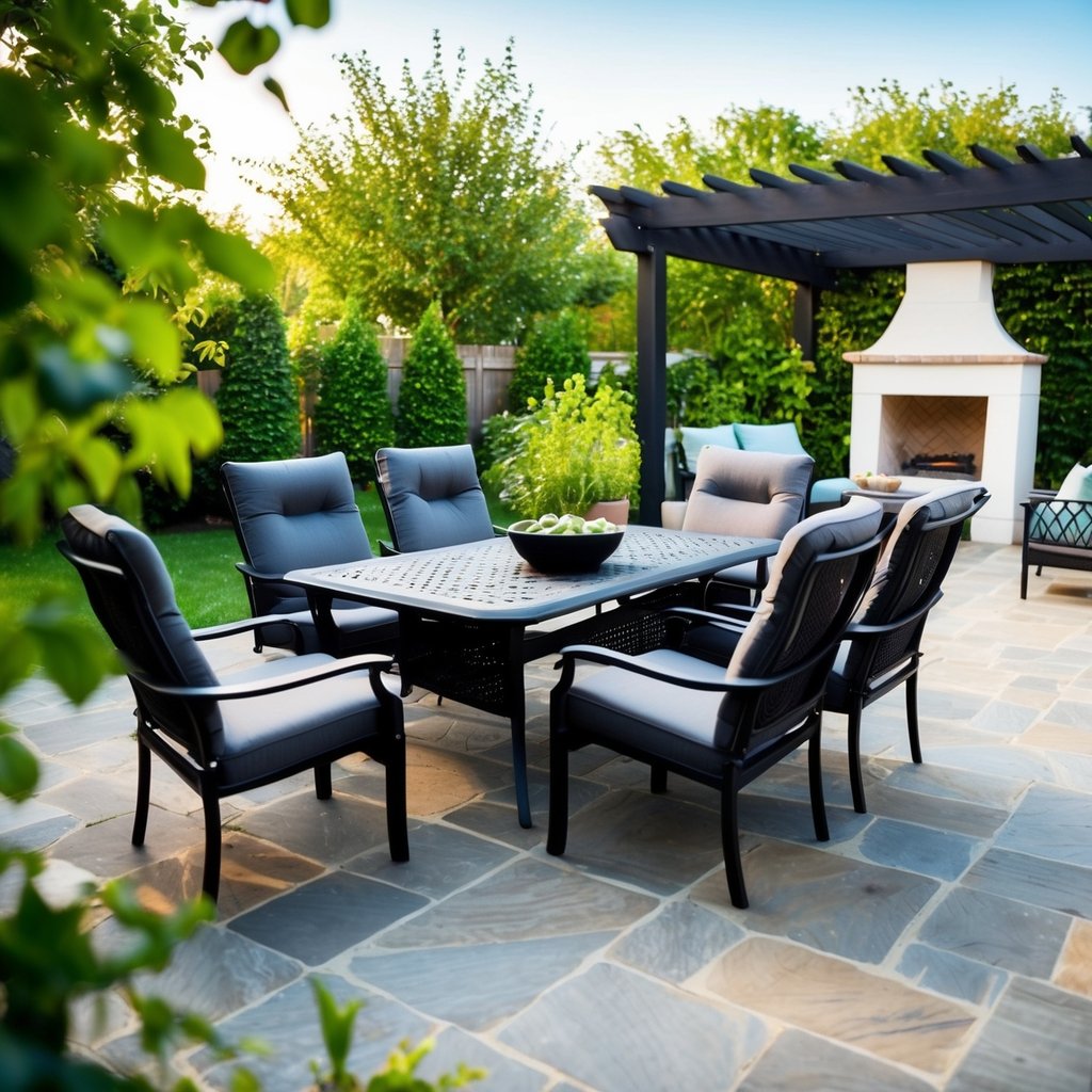 A backyard with a black patio furniture set arranged on a stone or wooden patio, surrounded by greenery and possibly a pergola or outdoor fireplace