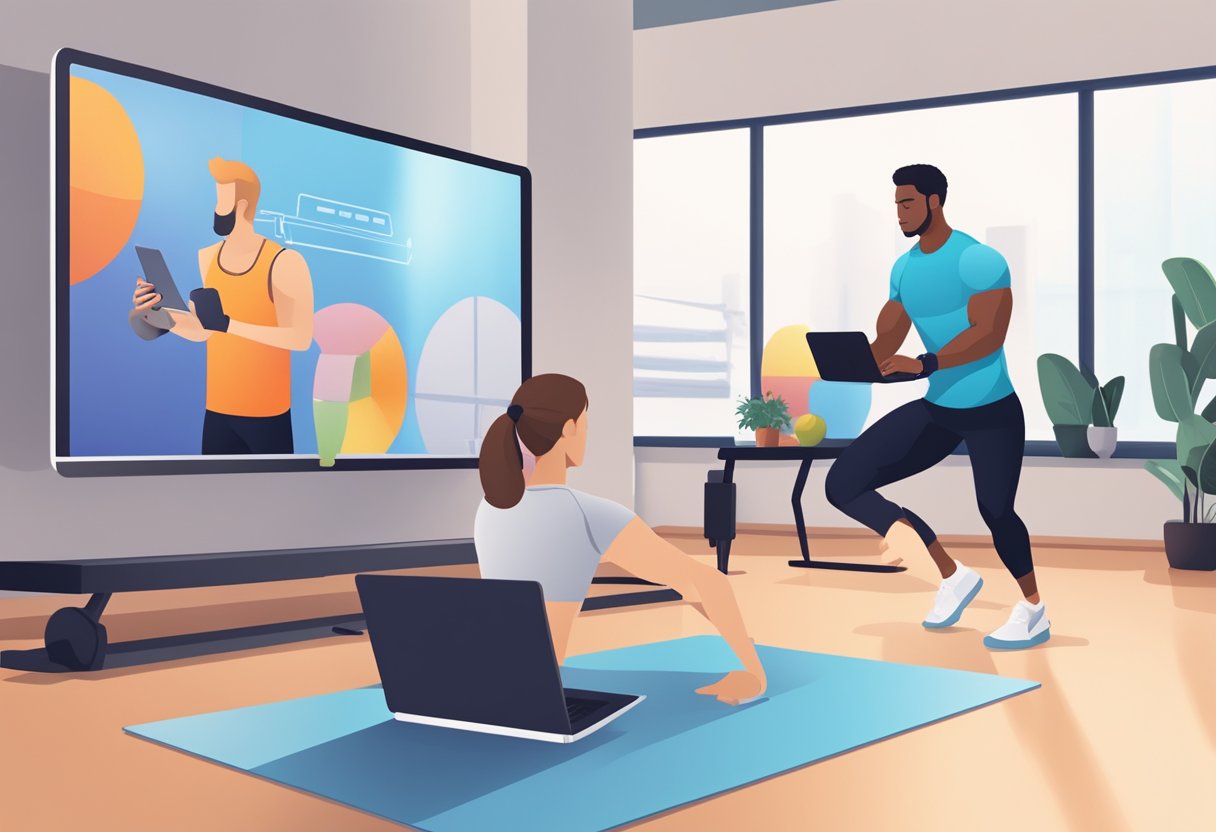 A laptop displaying a virtual personal training session, with a trainer guiding a client through exercises via video call. Fitness equipment is visible in the background