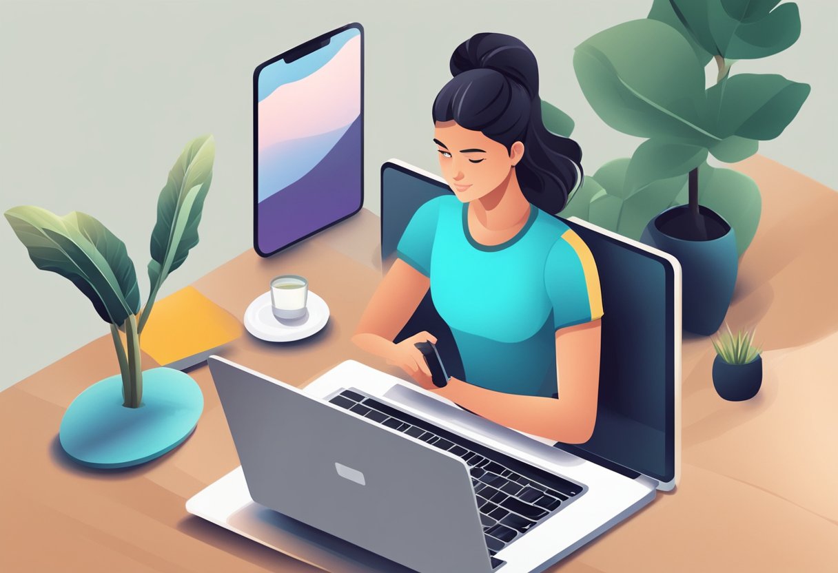 A person using a laptop or smartphone, watching a video tutorial or live stream, while following along with an online personal training session