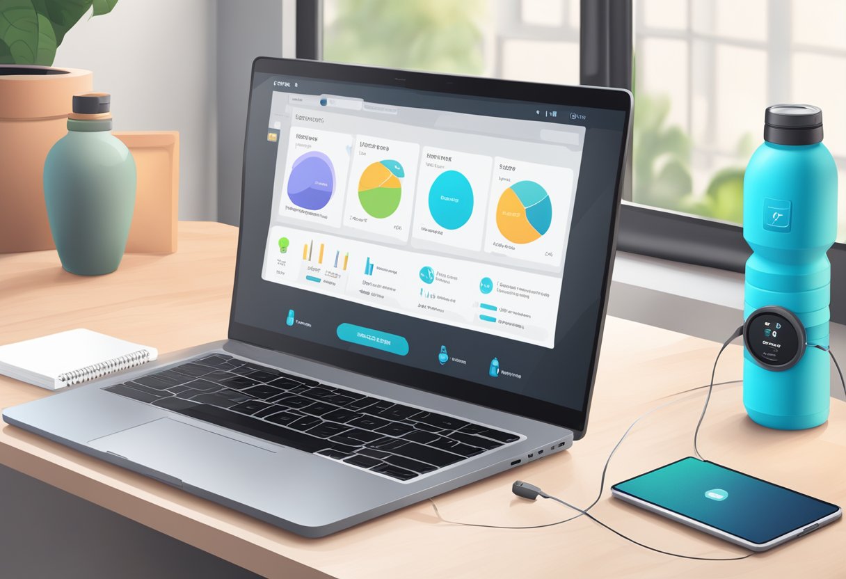 A laptop with a fitness app open, showing workout plans and video tutorials. A person's workout gear and water bottle nearby