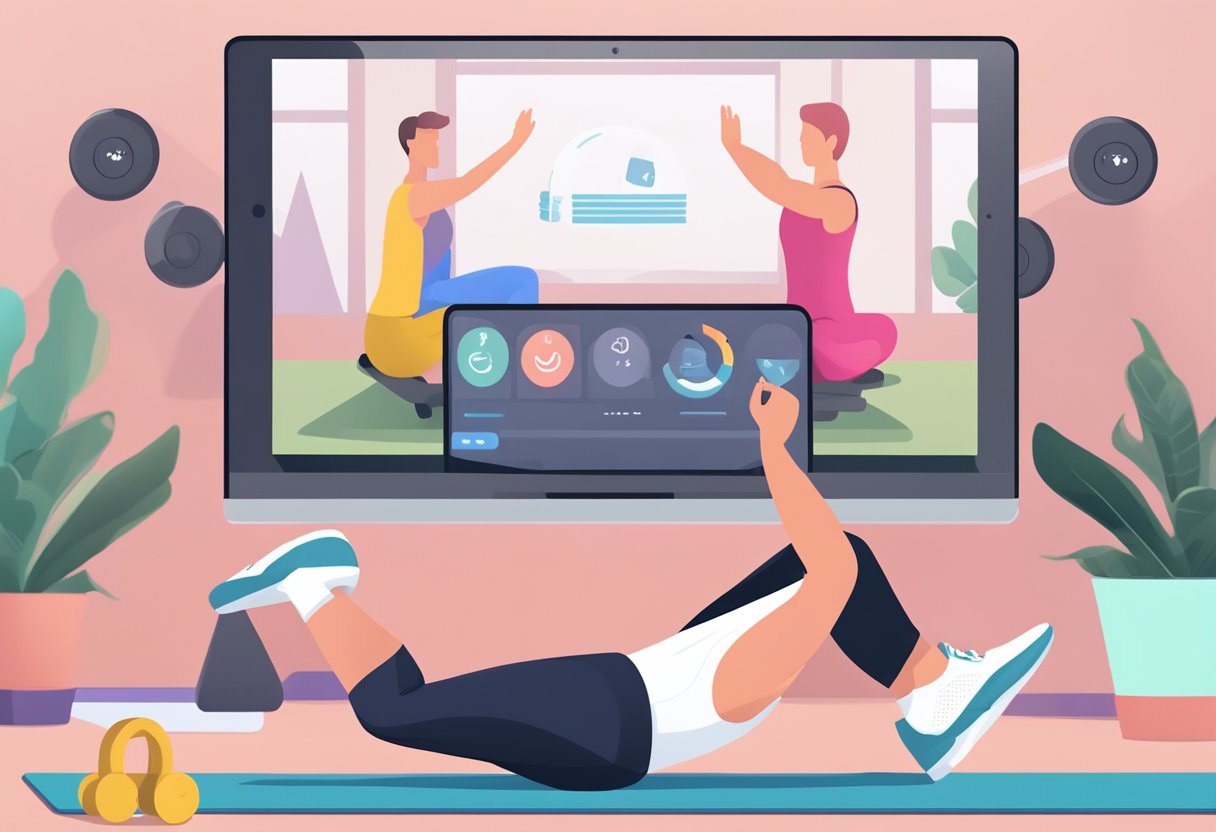 A laptop displaying a workout video with a set of dumbbells and a yoga mat nearby. A virtual trainer is seen guiding the viewer through exercises