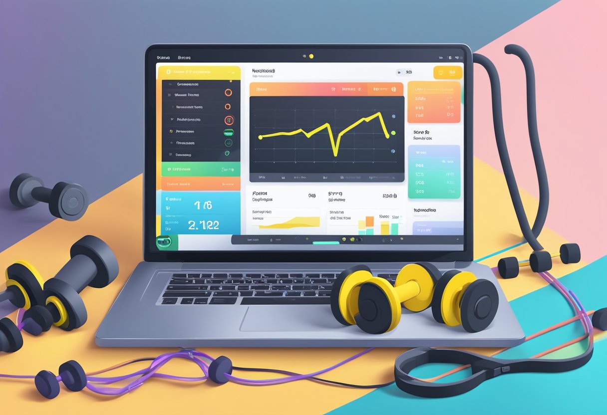 A laptop with a fitness app open, displaying workout plans and video tutorials. A set of dumbbells and resistance bands sit nearby