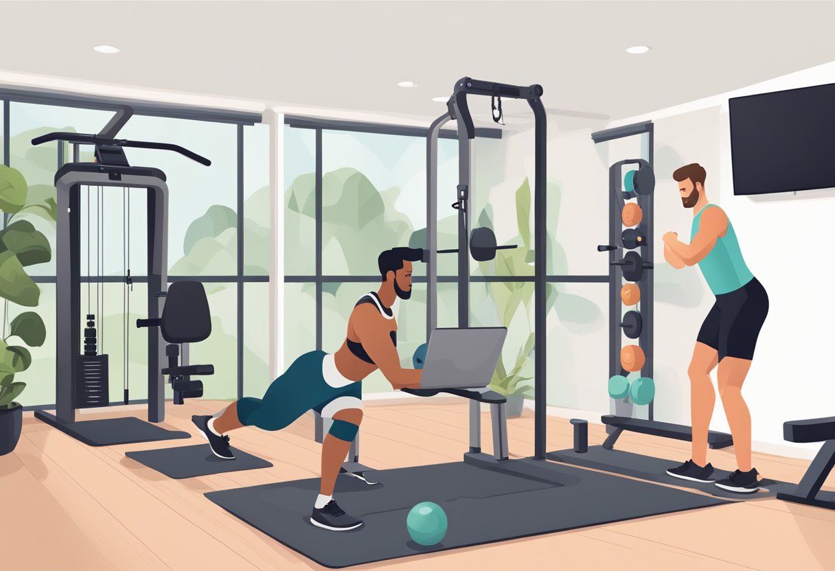 A laptop displaying a virtual personal training session with a trainer guiding a client through exercises in a home gym setup