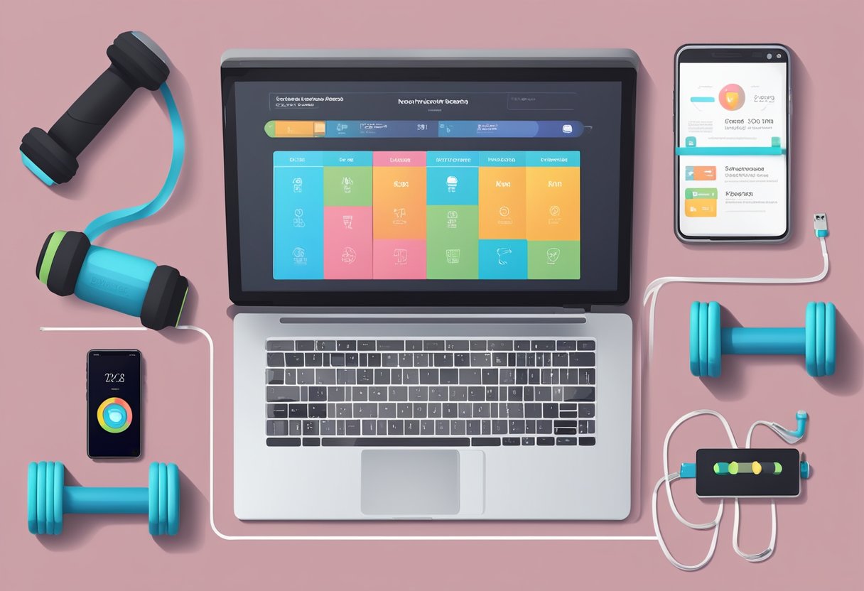 A laptop displaying a personalized workout program with video tutorials, a smartphone with a fitness app, and a set of resistance bands and dumbbells