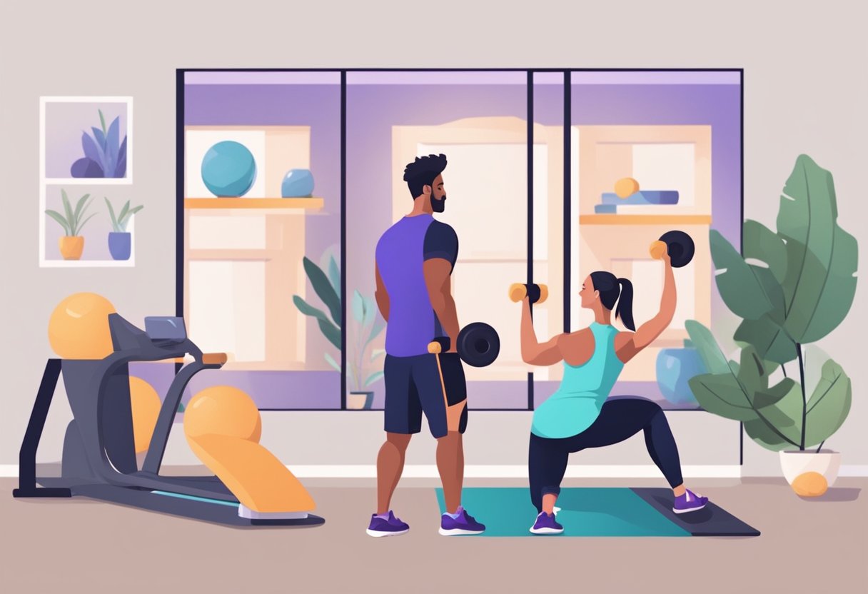 An online personal training session shows a trainer guiding a client through exercises via video call, using equipment and providing feedback