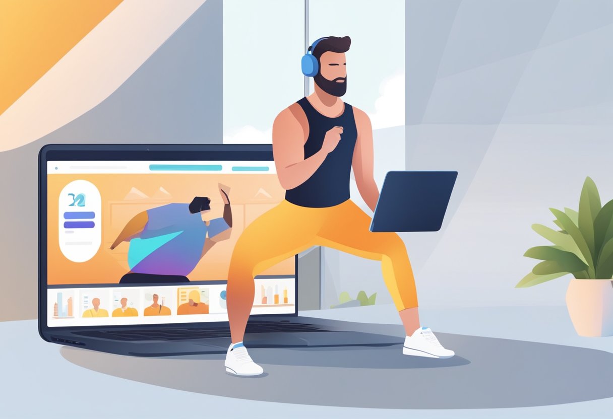 An individual is shown using a laptop or smartphone to access a virtual training session. The screen displays a fitness instructor providing guidance and demonstrations
