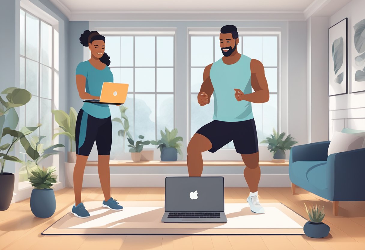 A laptop displaying a virtual personal training session with a trainer guiding a client through exercises in a well-lit, spacious room
