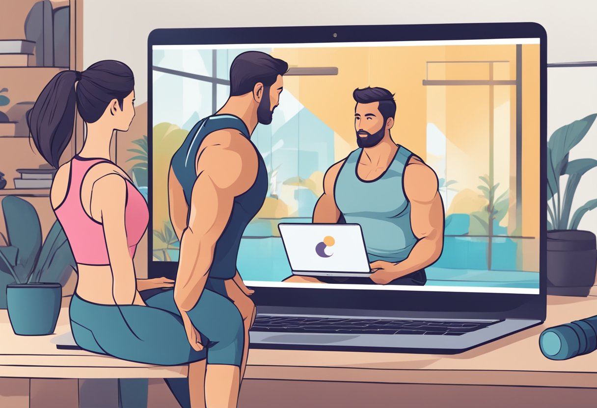 A fitness trainer guiding a client through a virtual workout, with a laptop or phone displaying the trainer's live video feed and exercise instructions