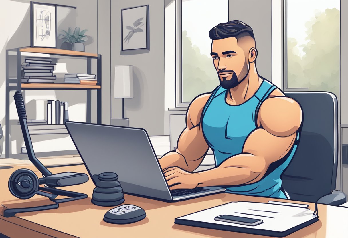 An online personal trainer confidently answering questions with a laptop and fitness equipment in the background