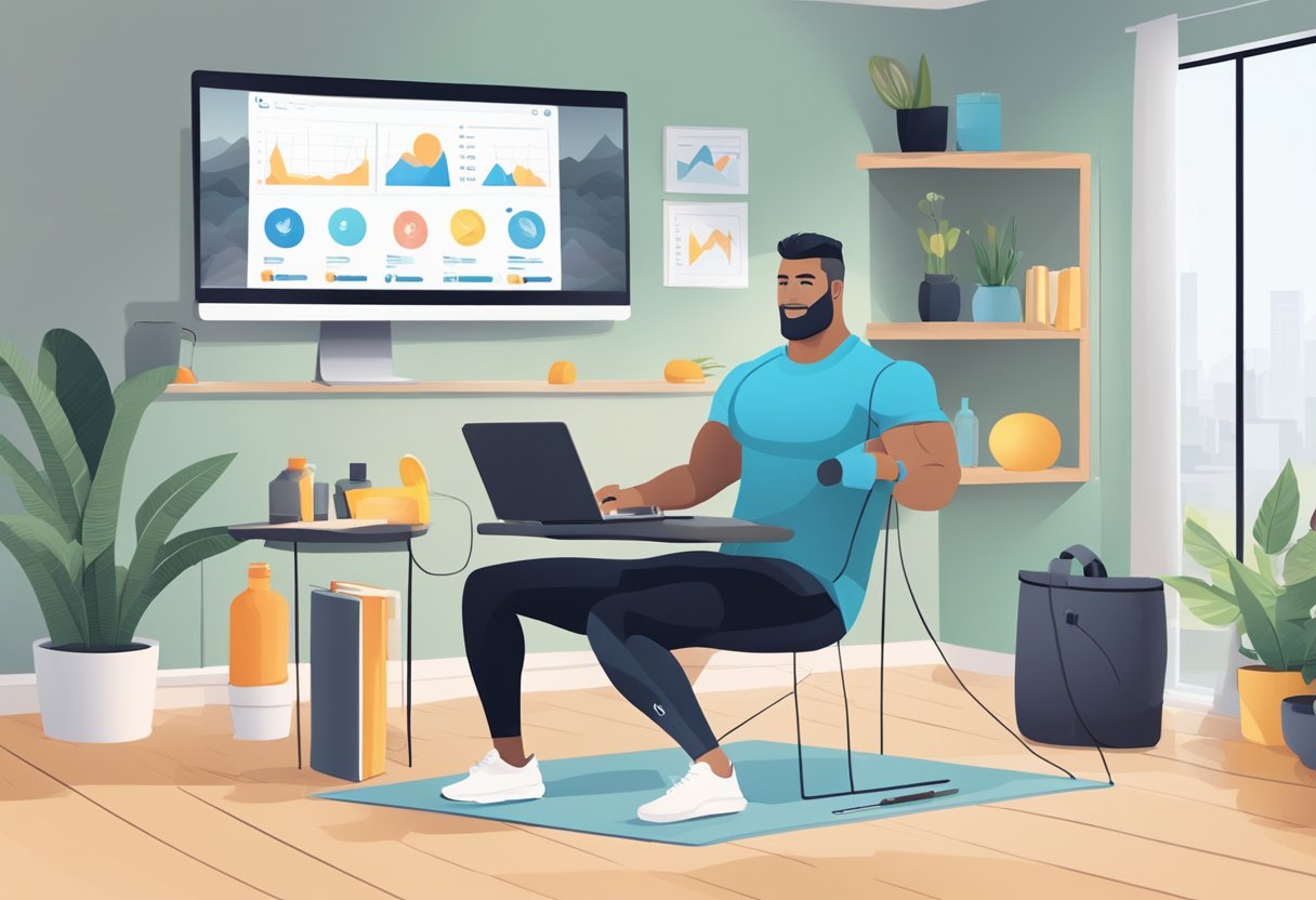 A personal trainer conducting an online workout session from a well-lit, clutter-free home office. A laptop or tablet displaying workout routines and a water bottle nearby