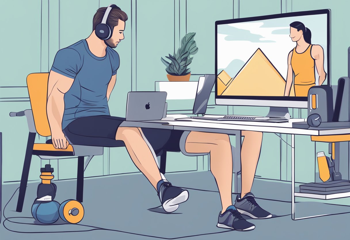 A person exercising in front of a computer, following an online personal training session. They have a water bottle and workout equipment nearby