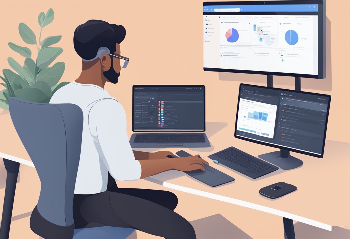A figure sits at a computer, typing and scrolling. A virtual personal training app is open on the screen, with a list of pros and cons visible