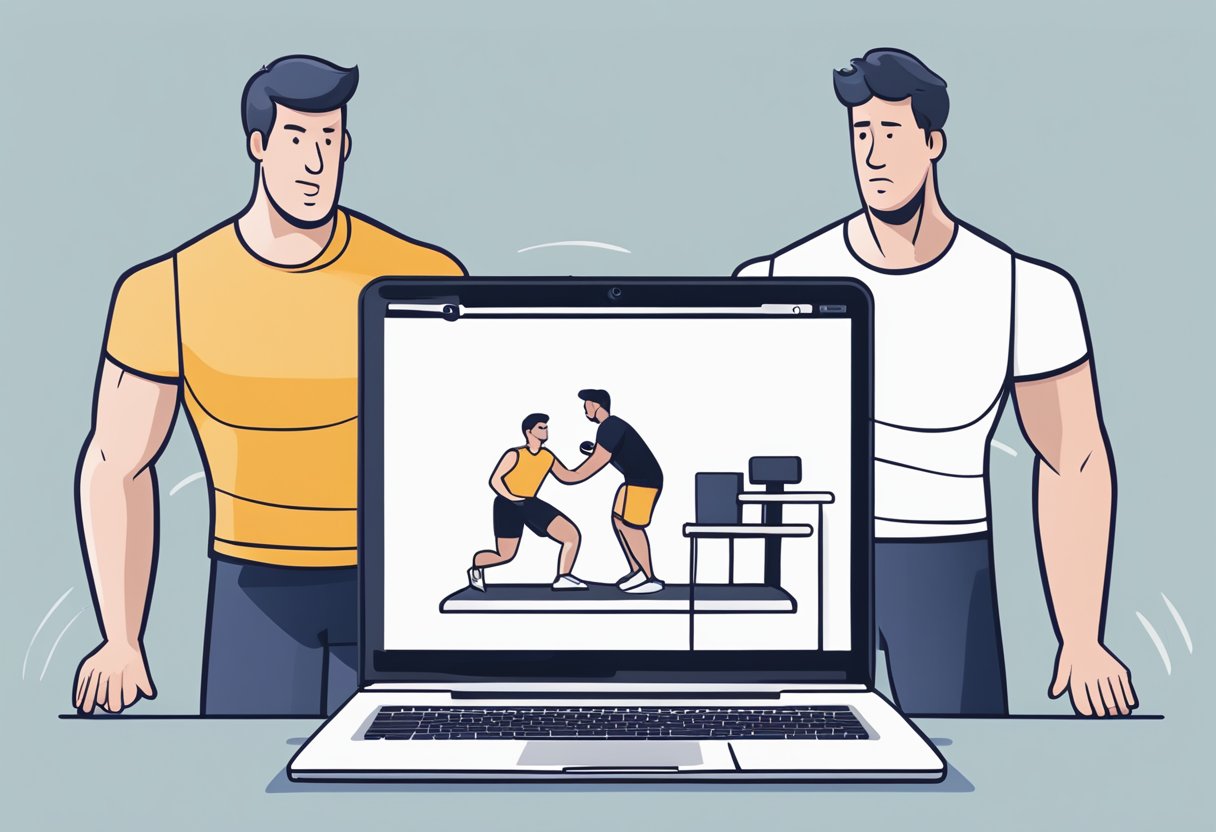A laptop displaying a virtual personal training session, with a frustrated client struggling to follow the exercises. The lack of in-person guidance is evident
