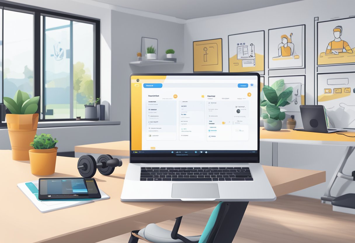 A laptop displaying a virtual personal training session, with a fitness app open and workout equipment in the background. Pros and cons listed on a nearby whiteboard