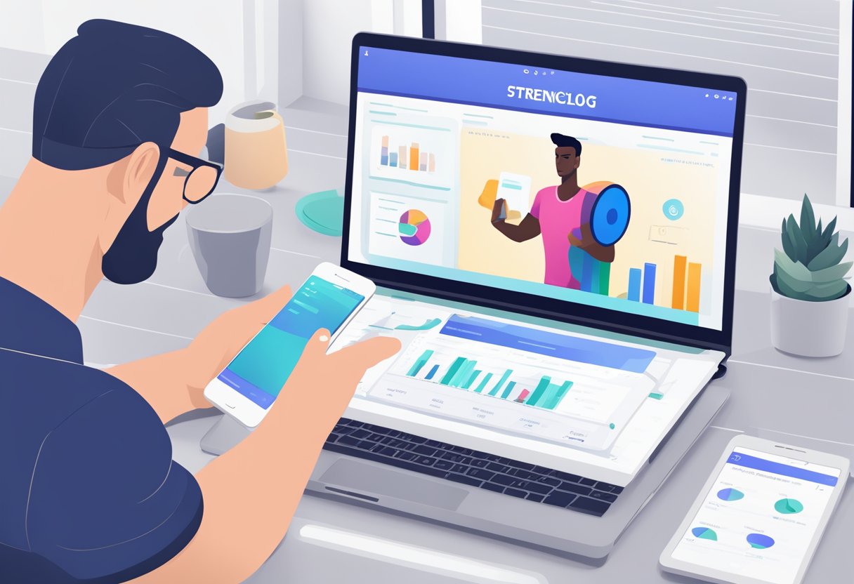 A laptop displaying StrengthLog Coach website with a list of pros and cons of online personal training. A person holding a smartphone, looking at the screen with interest