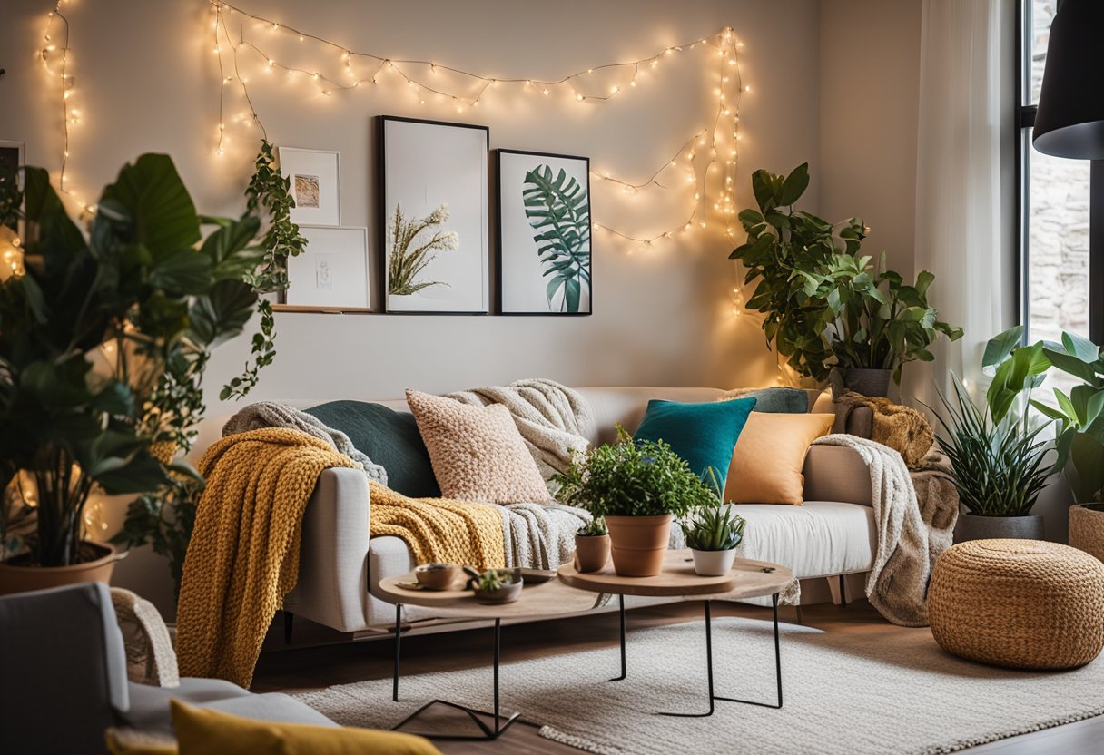 A cozy living room with string lights, potted plants, and framed artwork on the walls. A colorful throw blanket drapes over a comfortable sofa, and a few decorative pillows add a pop of color