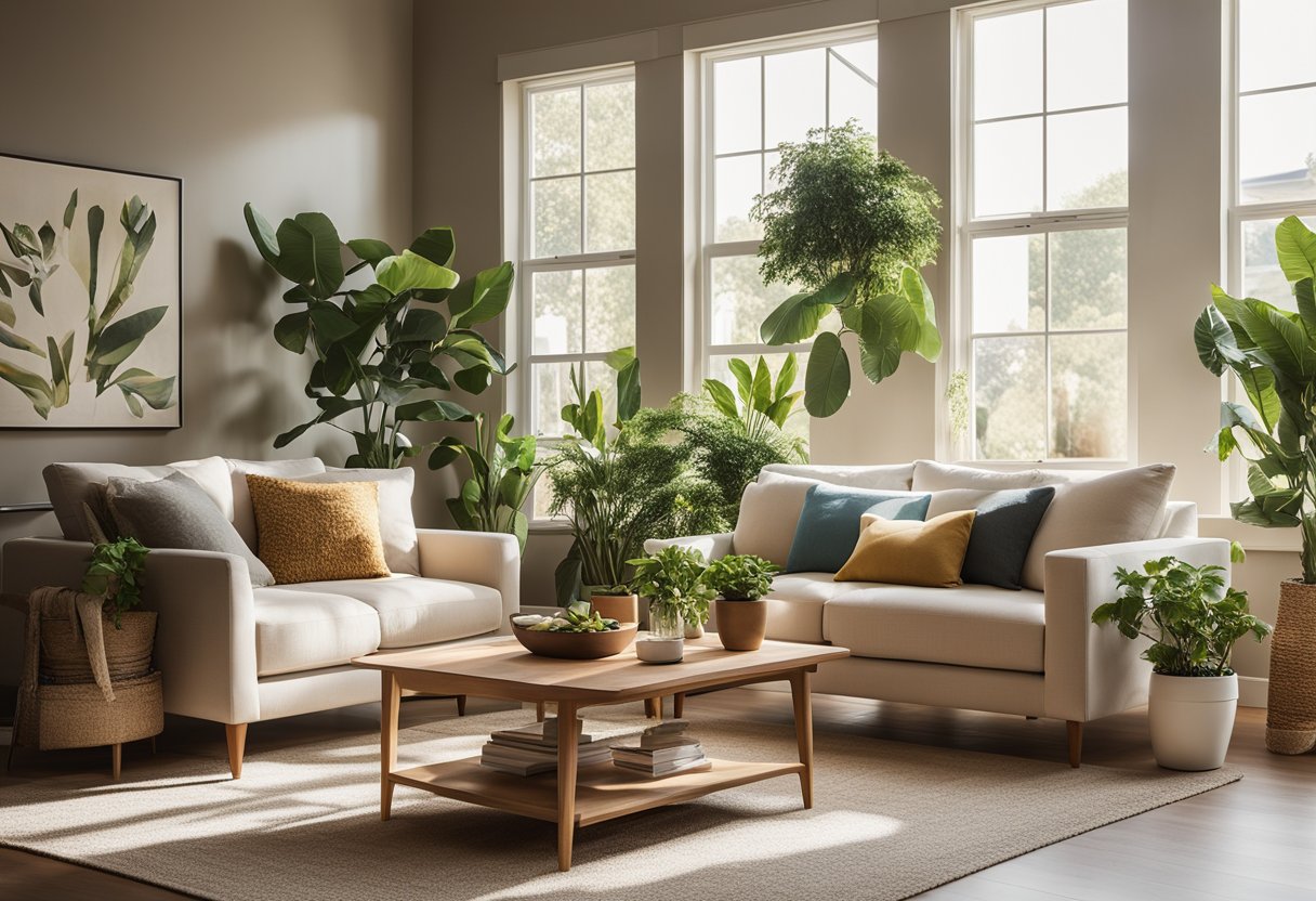 A cozy living room with simple, affordable decor such as throw pillows, potted plants, and wall art. Natural light streams in through the window, casting a warm glow on the space