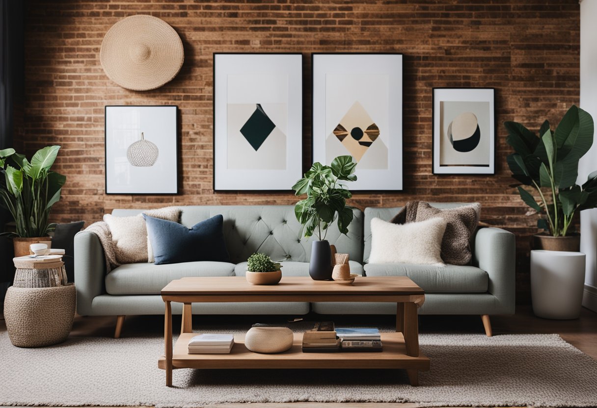 A cozy living room with a mix of modern and vintage furniture, soft throw blankets, and potted plants. A gallery wall of simple artwork and a statement rug complete the look