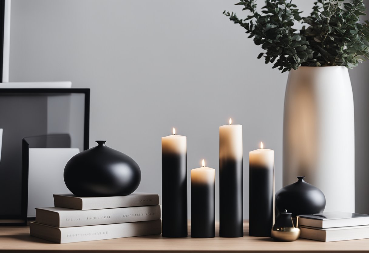 A simple and inexpensive home decoration scene featuring black color accents in a minimalist setting with items like vases, frames, and candles