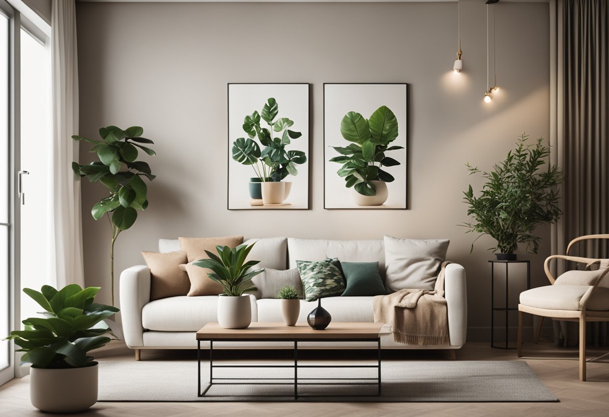 A small, uncluttered living room with a few potted plants, minimalist wall art, and cozy throw pillows on a neutral-colored sofa