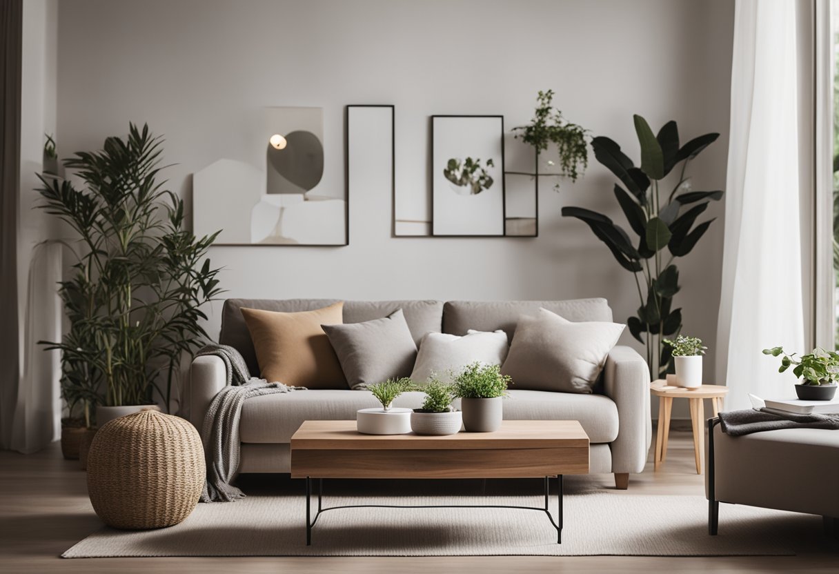 A cozy living room with minimalist decor, featuring a neutral color palette, simple furniture, and a few inexpensive decorative items like plants and candles