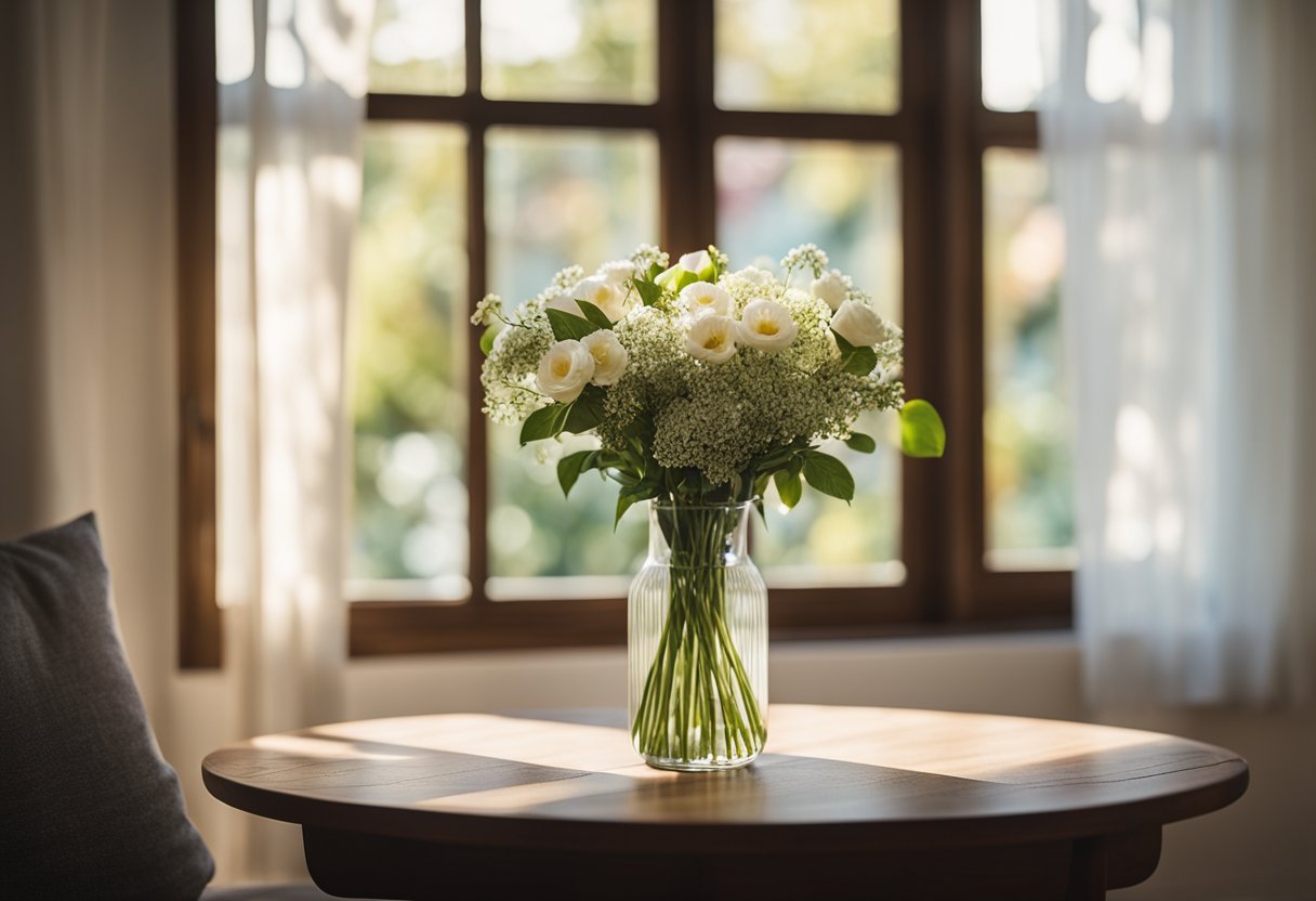 A cozy living room with sunlight streaming through open, sheer curtains. A vase of fresh flowers sits on a simple, wooden table