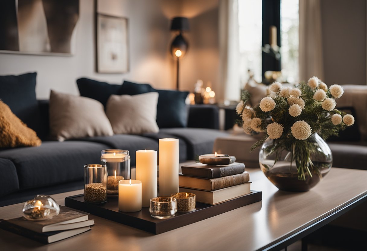 A cozy living room with simple side tables adorned with decorative items like vases, candles, and books. Warm lighting adds a welcoming ambiance to the space